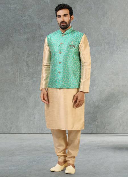 Teal Green Colour New Festive Wear Jacquard Banarasi Silk Digital Print Kurta Pajama With Jacket Mens Collection 1067